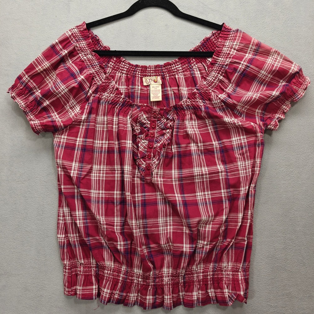 Vintage Y2K Op Plaid Milkmaid Top Womens XXL Country Western Picnic Puff Sleeve